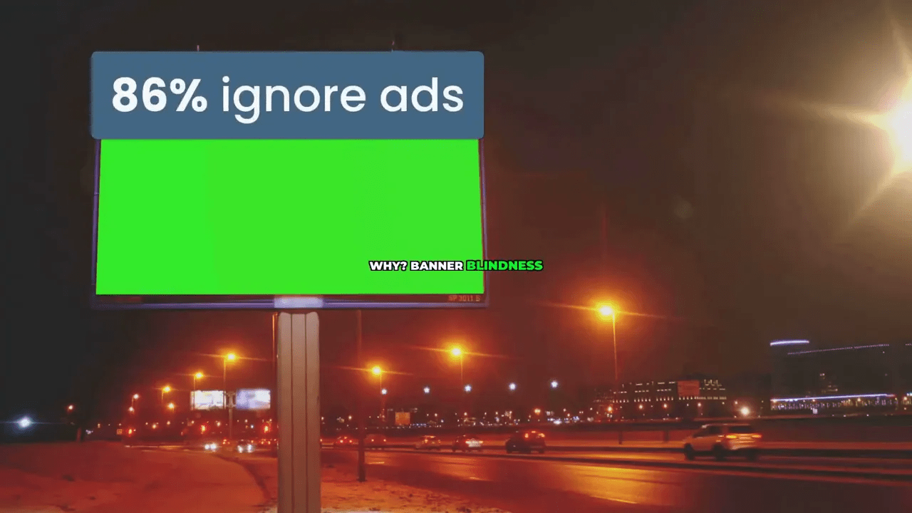 Nighttime billboard over a busy road with text '86% ignore ads' and a green ad panel